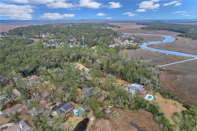 bird's eye view featuring a water view and a forest view