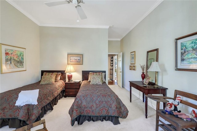 bedroom featuring light carpet, ceiling fan, baseboards, and crown molding