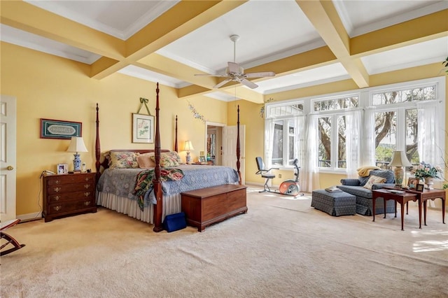 carpeted bedroom with crown molding, beamed ceiling, coffered ceiling, and baseboards