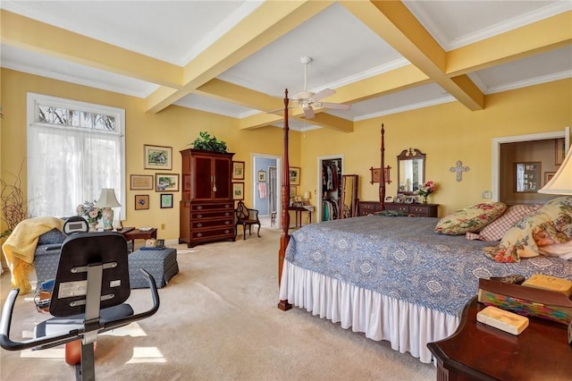 bedroom featuring coffered ceiling, light carpet, beamed ceiling, and a ceiling fan