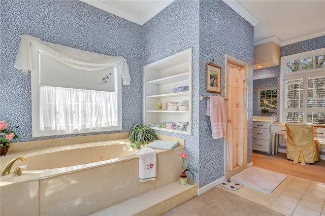 bathroom with wallpapered walls, plenty of natural light, and a bath