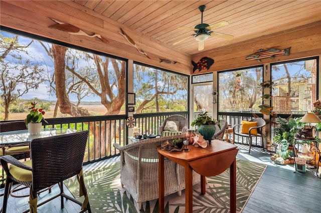 sunroom with wooden ceiling and ceiling fan