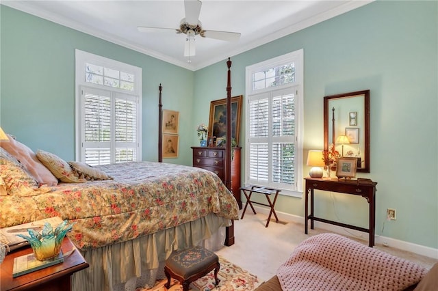 bedroom featuring ornamental molding, multiple windows, carpet flooring, and baseboards