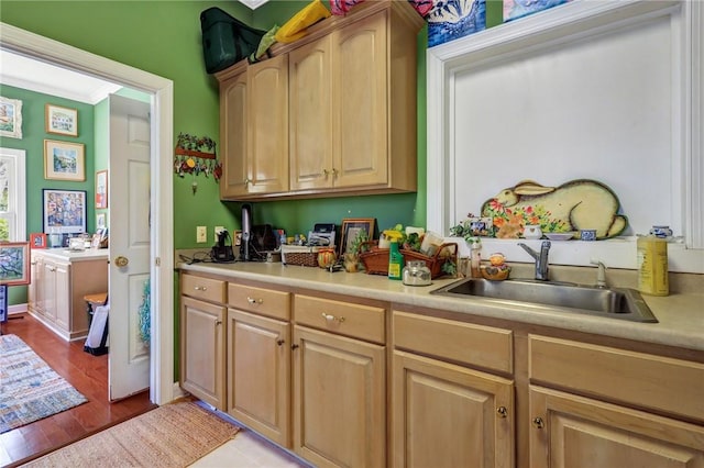 kitchen featuring light brown cabinets, light countertops, and a sink