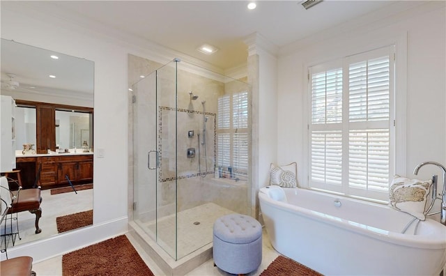 bathroom featuring vanity, shower with separate bathtub, and crown molding