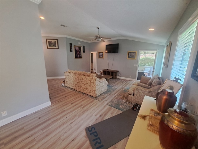 1002 Baltimore Ave, Waycross, GA 31501 - living area with a ceiling fan, wood finished floors, ornamental molding, baseboards, and vaulted ceiling