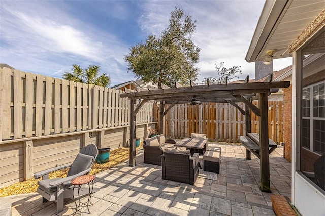 view of patio / terrace with a fenced backyard, outdoor lounge area, and a pergola