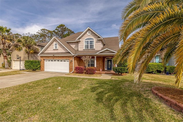 view of front of home with a garage, brick siding, concrete driveway, and a front yard