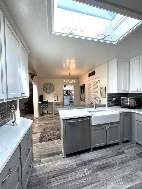 kitchen featuring dishwasher, sink, backsplash, kitchen peninsula, and gray cabinets