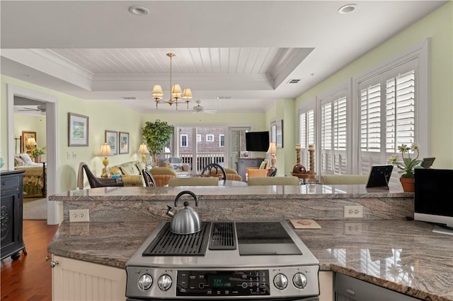 kitchen with hardwood / wood-style floors, stainless steel stove, decorative light fixtures, and a raised ceiling