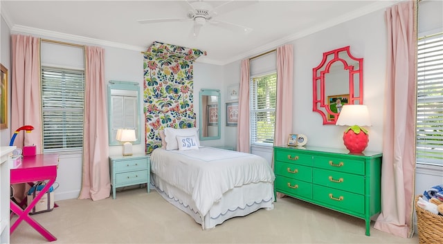 122 Saint Andrews Dr, Saint Simons Island, GA 31522 - bedroom with ornamental molding, light colored carpet, and a ceiling fan