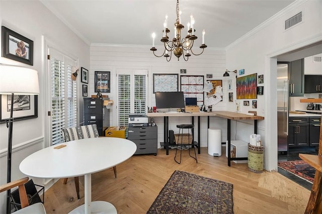 dining area with visible vents, a notable chandelier, parquet floors, and crown molding