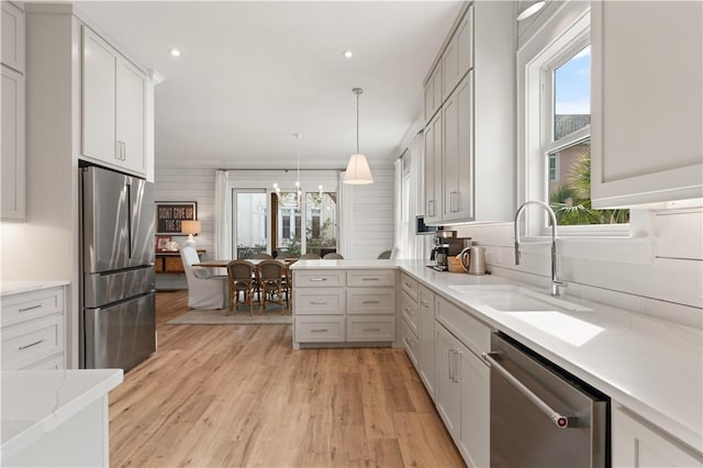 kitchen with appliances with stainless steel finishes, pendant lighting, white cabinetry, sink, and light wood-type flooring