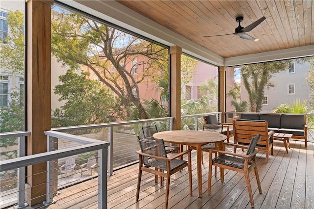 sunroom featuring wood ceiling, plenty of natural light, and ceiling fan