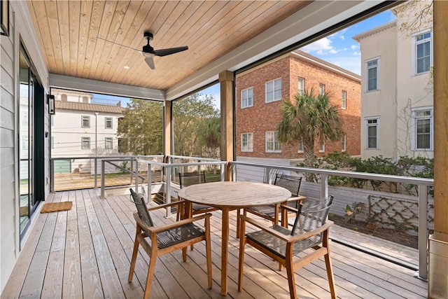 sunroom / solarium featuring ceiling fan and wood ceiling