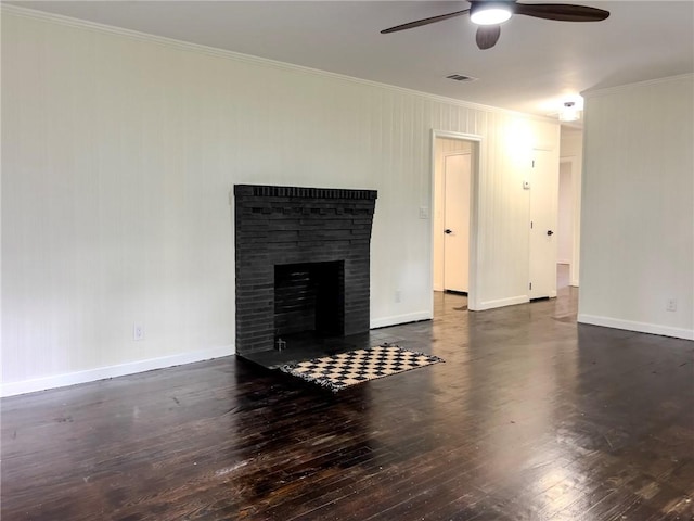 4166 Southern Rd, Brunswick, GA 31520 - unfurnished living room with crown molding, ceiling fan, hardwood / wood-style floors, and a fireplace with flush hearth