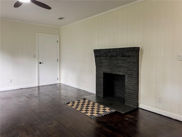 4166 Southern Rd, Brunswick, GA 31520 - unfurnished living room featuring a ceiling fan, wood finished floors, crown molding, and a fireplace with flush hearth