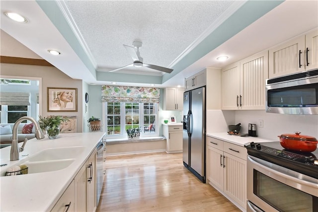 502 Rivera Dr, Saint Simons Island, GA 31522 - kitchen with appliances with stainless steel finishes, a sink, a raised ceiling, light countertops, and crown molding