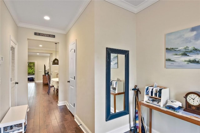 hallway with wood-type flooring and ornamental molding