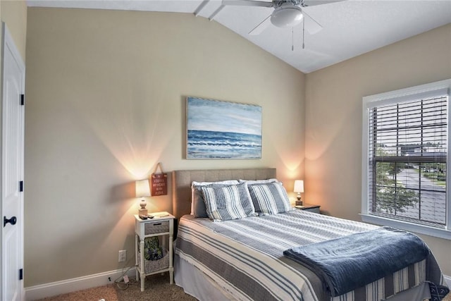 bedroom featuring carpet flooring, ceiling fan, and vaulted ceiling