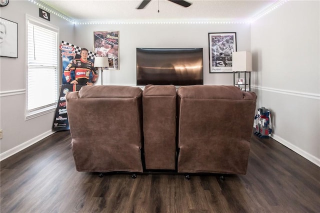 265 Traders Hill Rd, Folkston, GA 31537 - living area featuring crown molding, dark wood-type flooring, baseboards, and a ceiling fan