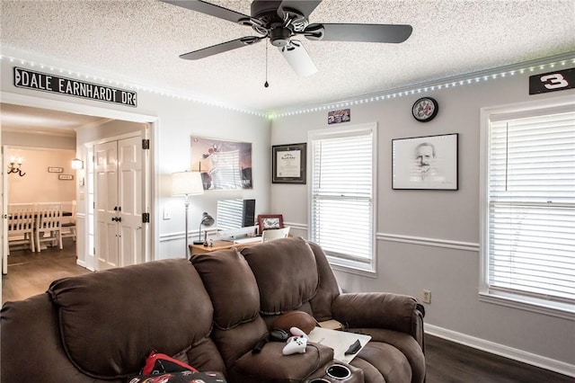 265 Traders Hill Rd, Folkston, GA 31537 - living area featuring a textured ceiling, plenty of natural light, a ceiling fan, and dark wood-style floors