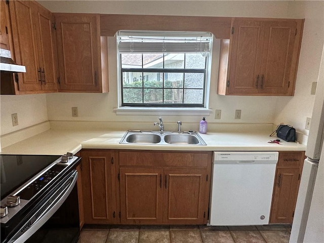 kitchen featuring white dishwasher, a sink, light countertops, black electric range oven, and under cabinet range hood