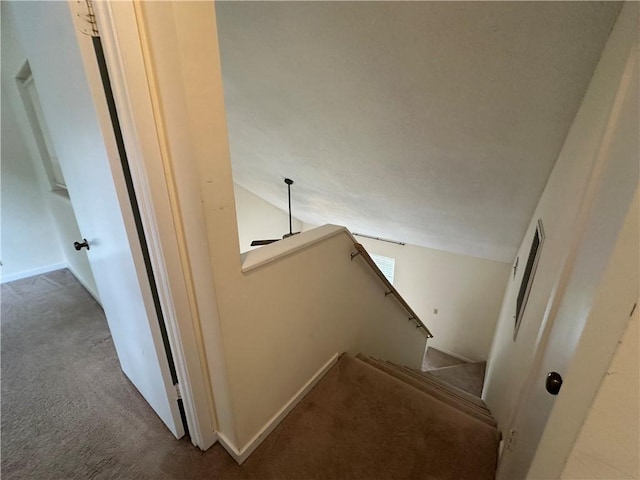 stairs featuring baseboards and carpet