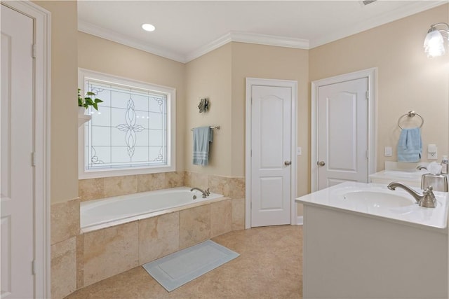 bathroom with ornamental molding, a relaxing tiled tub, and vanity