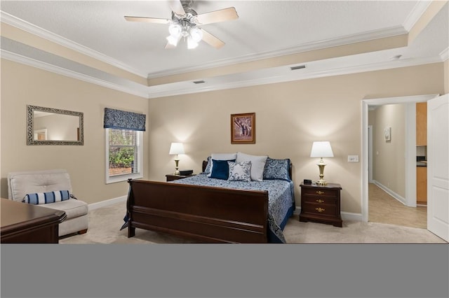 bedroom featuring ceiling fan, light colored carpet, and ornamental molding