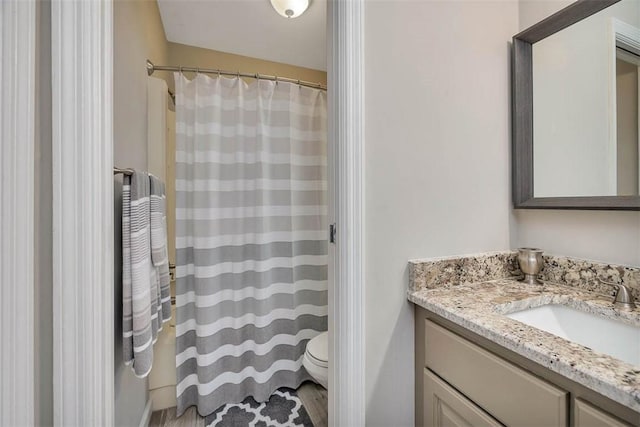 bathroom featuring toilet, vanity, and a shower with curtain