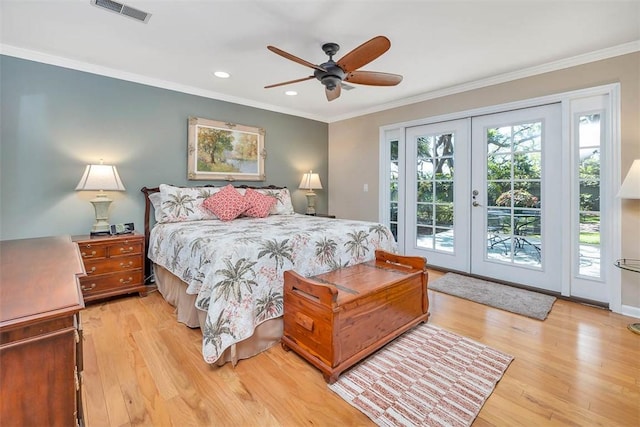 bedroom featuring recessed lighting, light wood finished floors, visible vents, access to exterior, and french doors