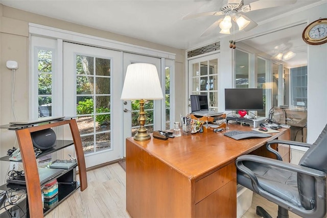 office featuring light wood finished floors, a ceiling fan, and a healthy amount of sunlight