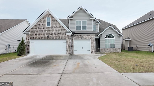 craftsman-style home featuring an attached garage, cooling unit, concrete driveway, brick siding, and a front lawn