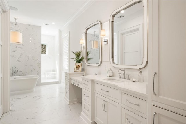329 Saint Annies Ln, Saint Simons Island, GA 31522 - bathroom featuring a soaking tub, vanity, marble finish floors, crown molding, and recessed lighting