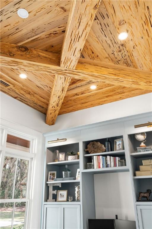 329 Saint Annies Ln, Saint Simons Island, GA 31522 - detailed view of a wood ceiling with exposed beams and recessed lighting