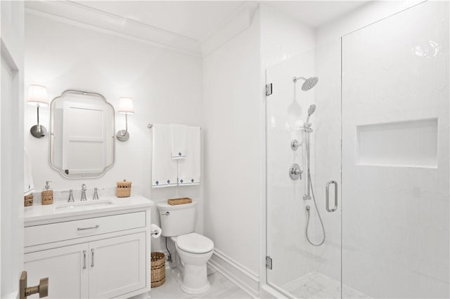 329 Saint Annies Ln, Saint Simons Island, GA 31522 - bathroom with a shower stall, ornamental molding, vanity, and marble finish flooring