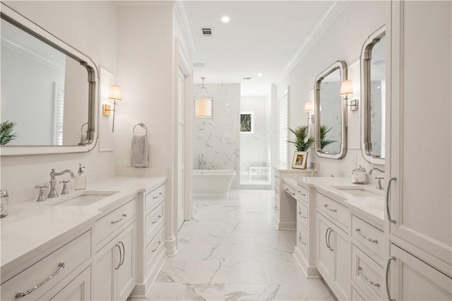 329 Saint Annies Ln, Saint Simons Island, GA 31522 - full bathroom featuring marble look tiles, ornamental molding, two vanities, a soaking tub, and recessed lighting