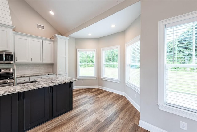 119 Silver Bluff Dr, Brunswick, GA 31523 - kitchen featuring stainless steel microwave, stove, light wood-style flooring, plenty of natural light, and vaulted ceiling