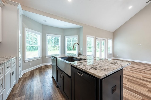 119 Silver Bluff Dr, Brunswick, GA 31523 - kitchen featuring wood finished floors, light stone counters, dishwasher, a kitchen island with sink, and recessed lighting