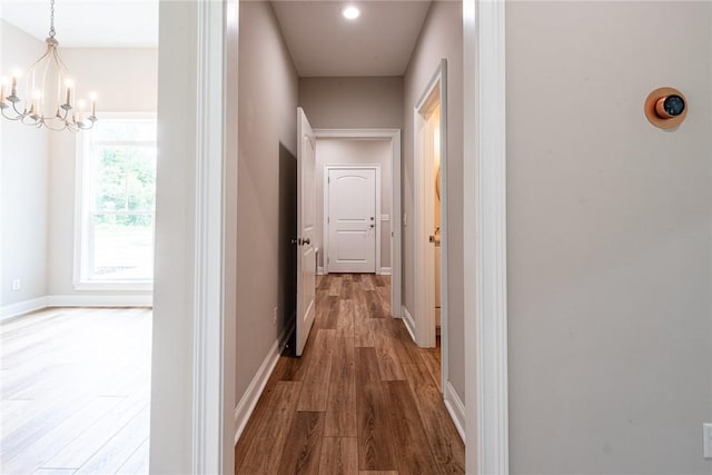 119 Silver Bluff Dr, Brunswick, GA 31523 - hallway with wood finished floors, a chandelier, and recessed lighting