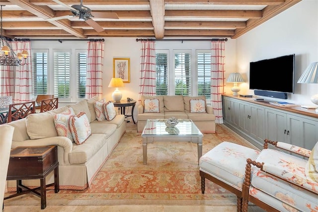 10 Dune Ave Unit 18Int 3, Sea Island, GA 31561 - living room with beam ceiling, ceiling fan with notable chandelier, and a healthy amount of sunlight