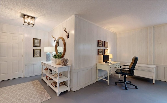 home office with a textured ceiling