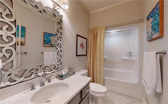 full bathroom featuring vanity, tile patterned floors, toilet, ornamental molding, and shower / bathtub combination with curtain