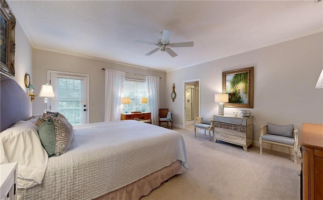 bedroom featuring carpet, access to outside, crown molding, ceiling fan, and a textured ceiling