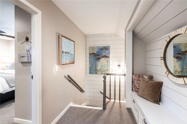 interior space featuring carpet flooring and wood walls