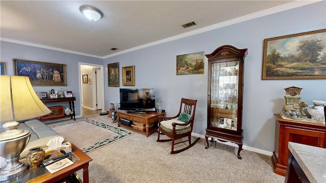 1703 Rainbow Dr, Waycross, GA 31501 - living room featuring crown molding and light colored carpet