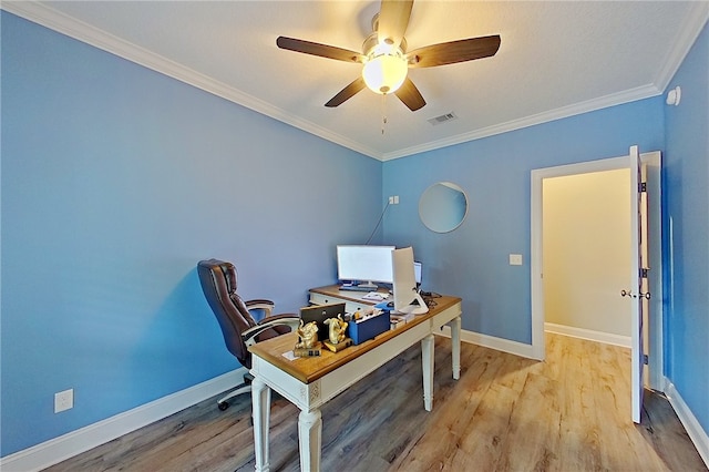1296 N River Oaks Dr, Blackshear, GA 31516 - office with ornamental molding, ceiling fan, and light wood-style flooring