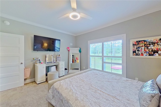 1296 N River Oaks Dr, Blackshear, GA 31516 - bedroom with crown molding, light colored carpet, and a ceiling fan