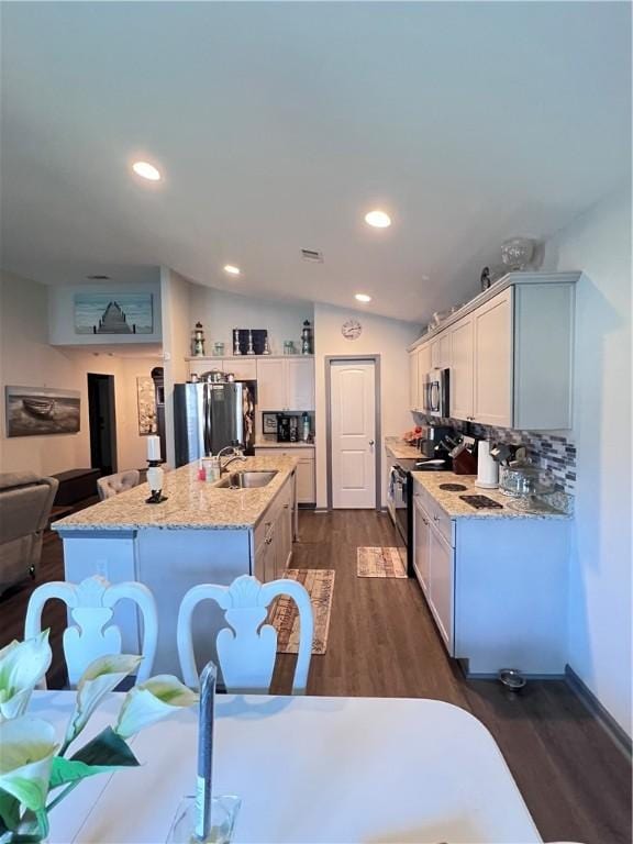 10003 Woodland Cv, Brunswick, GA 31525 - kitchen with stainless steel appliances, dark wood-style floors, a center island with sink, light stone countertops, and lofted ceiling